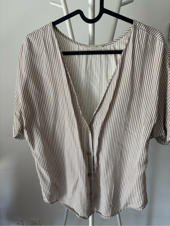 VETTA Tops - VETTA Cream & Brown Vertical-Stripe Button V-Neck Blouse